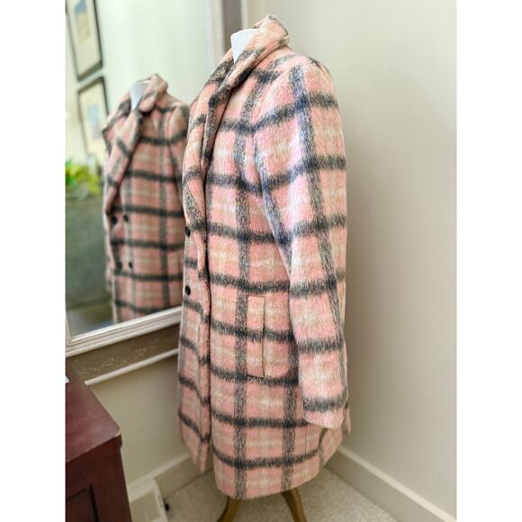 LOFT Wool Blend Coat Pink Gray Plaid Double Breasted Long Winter Overcoat XLT - Picture 9 of 10